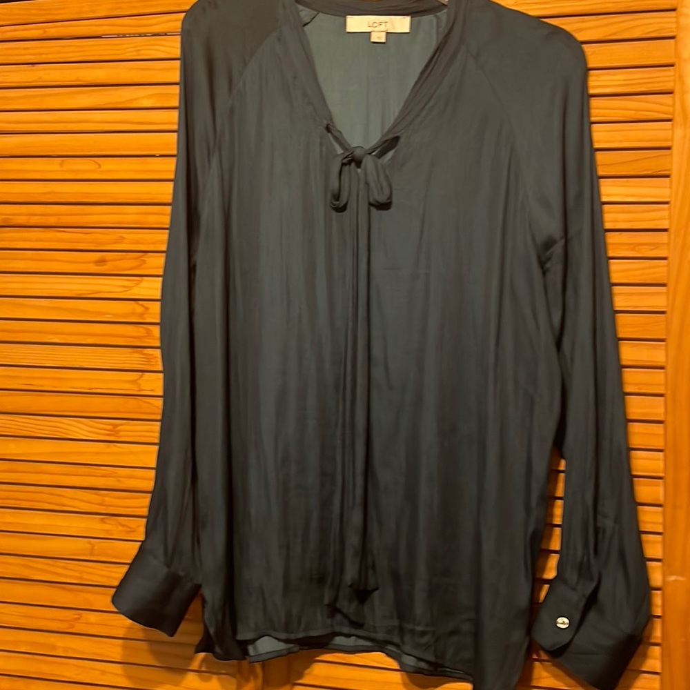 Ann Taylor LOFT tie neck TEAL long sleeve Blouse Size L